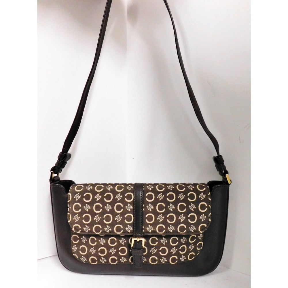 CELINE Paris Macadam Shoulder Bag Hand Bag Brown Logo Fabric Leather Italy